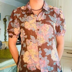 Source Unknown Brown Floral Short-Sleeve Button-Down Shirt with Pastel Blooms